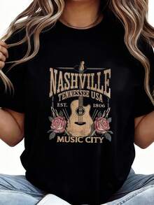 1pc Women' Guitar Rose Nashville Print  TShir - 黑色2 - 查看 1