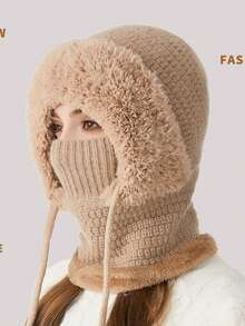 1pc Women Solid Color Cute Balaclava Hat, Winter Ear Warmer Hat With Face Mask Knitted Scarf, Suitable For Daily Wear - Multicolor - View 2