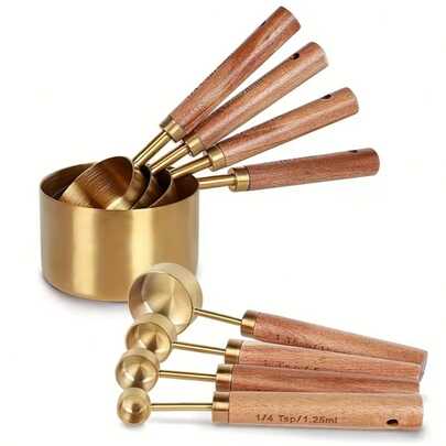 8pcs Stainless Steel Measuring Cups And Spoons Set With Rosewood Handles, Durable Kitchen Baking Tools Including Seasoning Spoon And Coffee Spoon, Nested Design For Easy Storage