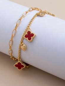 1pc Flower & Double-Layer Heart Pendant Anklet, Fashion Beach Style, Summer Holiday Gift For Women - Red - View 4