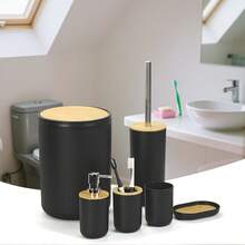 High-Quality Anti-Slip Bathroom Trash Can, Toilet Brush, Soap Dish, Toothbrush Holder, Bamboo Cover Bathroom Accessory Set, New Home, Hotel, Gift Box - Multicolor - View 2
