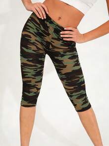 Women's Spring/Summer Casual Camouflage Print Elastic Tight Leggings, Butt-Lifting Shaping Yoga Outdoor Beach Vacation Walking Capri Length Pants - Army Green - View 3