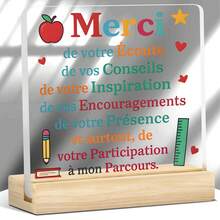 2D Acrylic Desk Plaque For French Teacher Appreciation - "Merci" Thank You Gift With Inspirational Quote, Colorful Heart Shape And School Icon - End Of School Year, Graduation Season, Teacher's Day Office Decor - Multicolor - View 8