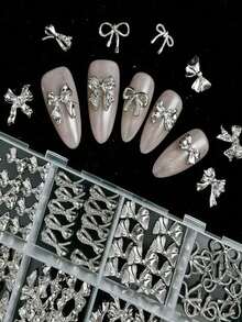 120pcs 3D Silver Bow Nail Art Charms, 12-Grid Y2K Alloy Bow Nail Art Charms, Luxury Shiny Silver Bow Nail Art Studs, 12 Types Silver Bow Nail Art Charms DIY - Multicolor - View 4