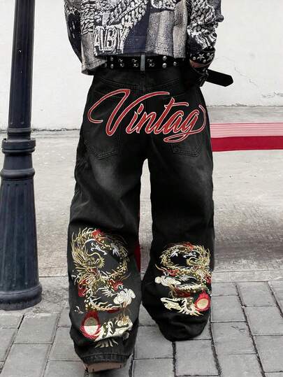 1pc American Style Men's Street Fashion Embroidered Wide Leg Pants, Loose Casual Comfortable Commuting All-Season Versatile Jeans (No Belt Or Accessories)