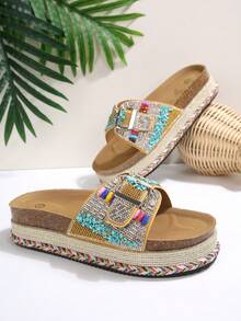 2026 Spring/Summer New Women's Sandals, Double Buckle, Rhinestone Fashion Thick-Sole Slippers, Random Floral Pattern, Essential For Vacation & Beach, Suitable For All-Day Wear - Gold - View 7