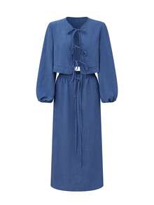 女士泡泡袖裹身式上衣搭配飘逸中长裙套装，休闲时尚，适合海滩、派对、办公室、秋季穿着。 - 藍色 - 查看 5