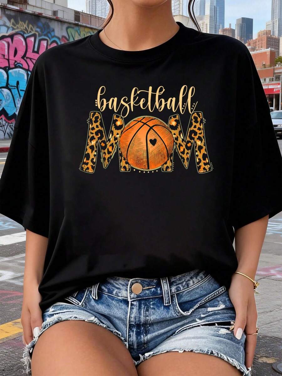 Camiseta de mamá de baloncesto de leopardo para el día del juego, camisetas impresas para mujeres 2026, estilos populares, camisetas de primavera para mujeres, camisetas de invierno, camisetas de para mujeresás vendidas - Negro - Ver 1