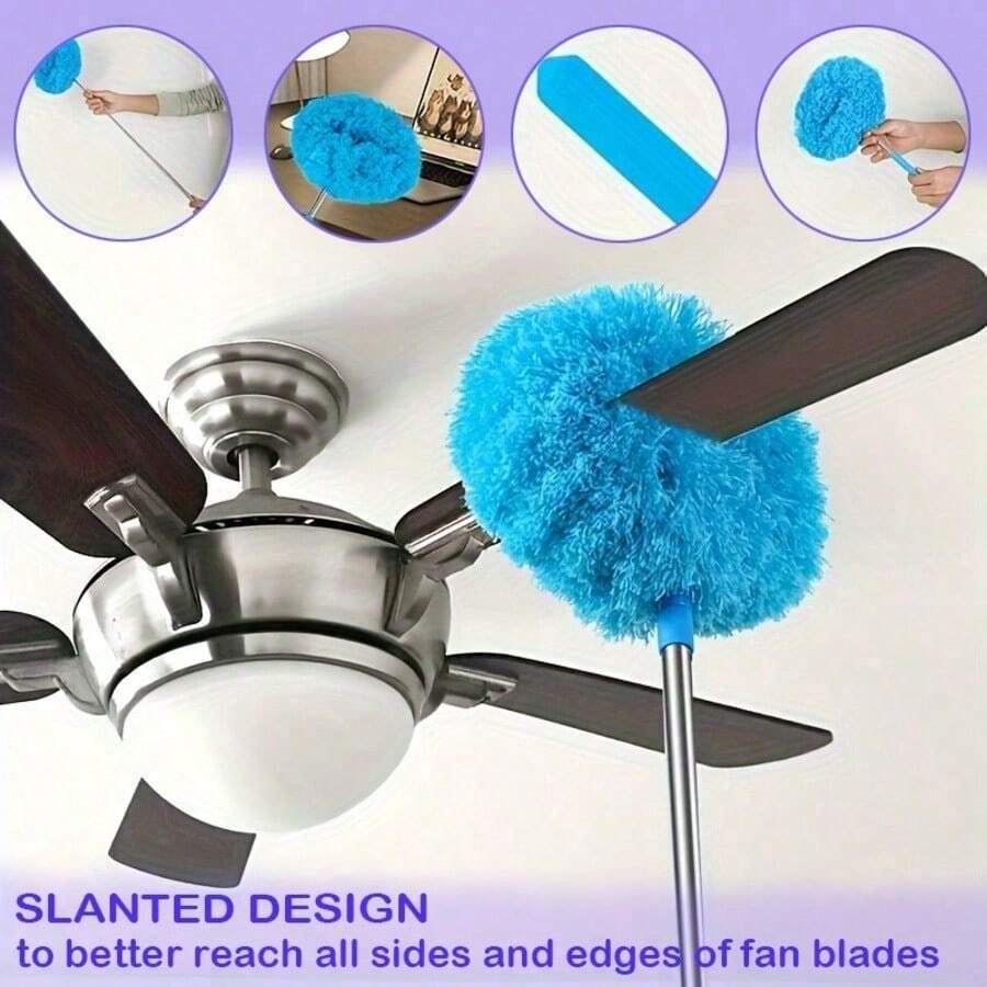 12 Feet Long Handle Microfiber Ceiling Fan Dust Collector - Reusable, Machine Washable, Extra Long Slanted Blades, Detachable Brush Head, Perfect For Living Room Cleaning, Dust Removal Tool | Efficient Cleaning | Microfiber Head, Duster For Cleaning