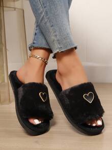 新款女士简约时尚爱心装饰毛绒露趾拖鞋，舒适蓬松家居拖鞋，适合室内/卧室/客厅穿着，春秋季皆宜。 - 黑色 - 查看 5
