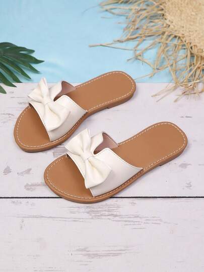 甜美蝴蝶结舒适露趾凉鞋，适合幼儿和大童，适合外出、度假、日常搭配连衣裙、宝宝玩水、海滩，简约平底凉鞋