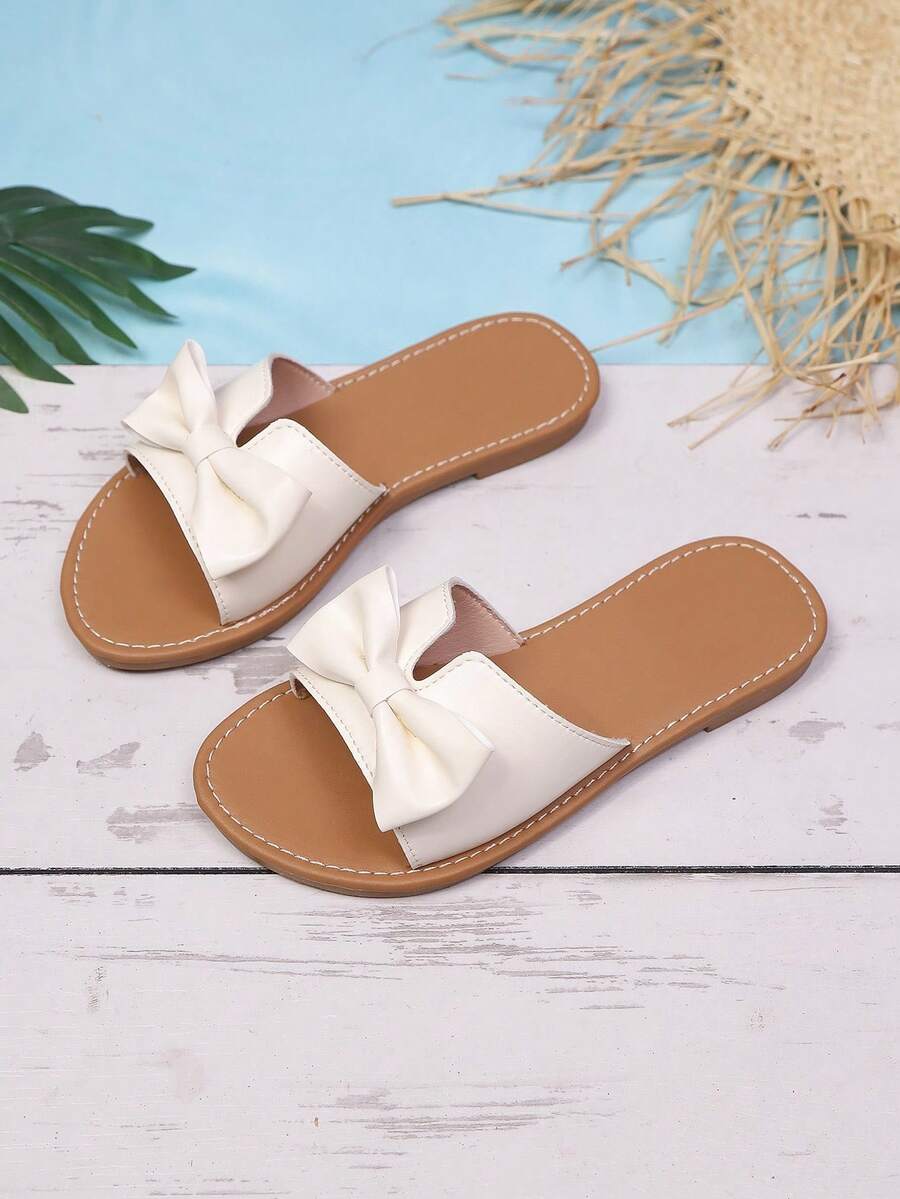 甜美蝴蝶结舒适露趾凉鞋，适合幼儿和大童，适合外出、度假、日常搭配连衣裙、宝宝玩水、海滩，简约平底凉鞋 - 米色 - 查看 1