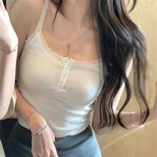 Camiseta sin mangas de encaje para mujer, camisola recortada bonita, Tops cortos blancos sexis, chaleco negro coreano sin mangas para mujer, ropa Coqueta Y2k de verano 2024 - Gris - Ver 7