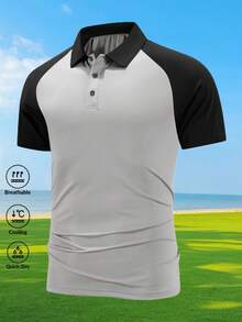 1件男士夏季灰黑撞色插肩袖Polo衫，速干弹力休闲商务修身短袖 - 灰色 - 查看 1