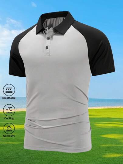 1pc Men's Summer Grey-Black Contrast Raglan Sleeve Polo Shirt, Quick-Dry Stretchy Casual Business Slim Fit Short Sleeve
