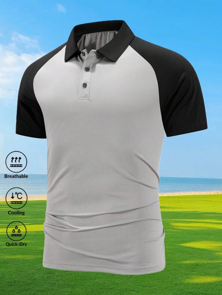 1件男士夏季灰黑撞色插肩袖Polo衫，速干弹力休闲商务修身短袖 - 灰色 - 查看 1