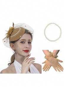 女士头饰面纱和复古迷人网纱帽，搭配蕾丝手套和人造珍珠项链，适合 20 世纪 20 年代或 50 年代的复古茶会、舞会、婚礼、教堂、德比帽套装 - 彩色 - 查看 18