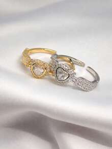 Adjustable Women's Ring, Gold Or Silver, Heart-Shaped, With A Delicate, Romantic, Modern, And Brilliantly Crafted Stone And Cubic Zirconia Pavé Setting. - 金色 - 查看 5