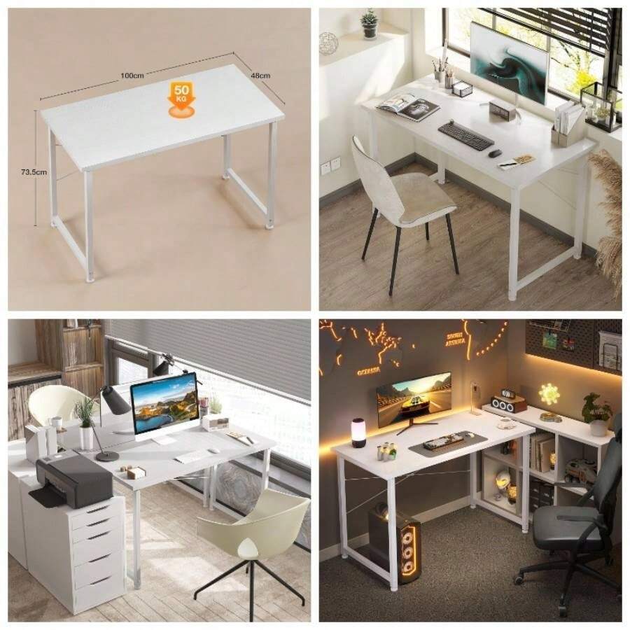 *48 Desk, Small Computer Desk Home Office, Study Office Table With Headphone Hooks Small Space, Easy Assembly, White - 100 X 48 cm + White - View 1