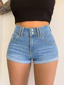 女士水洗黑色牛仔迷你短裤，直筒裤型，前拉链设计，侧边口袋方便实用，休闲风格 - 藍色 - 查看 1