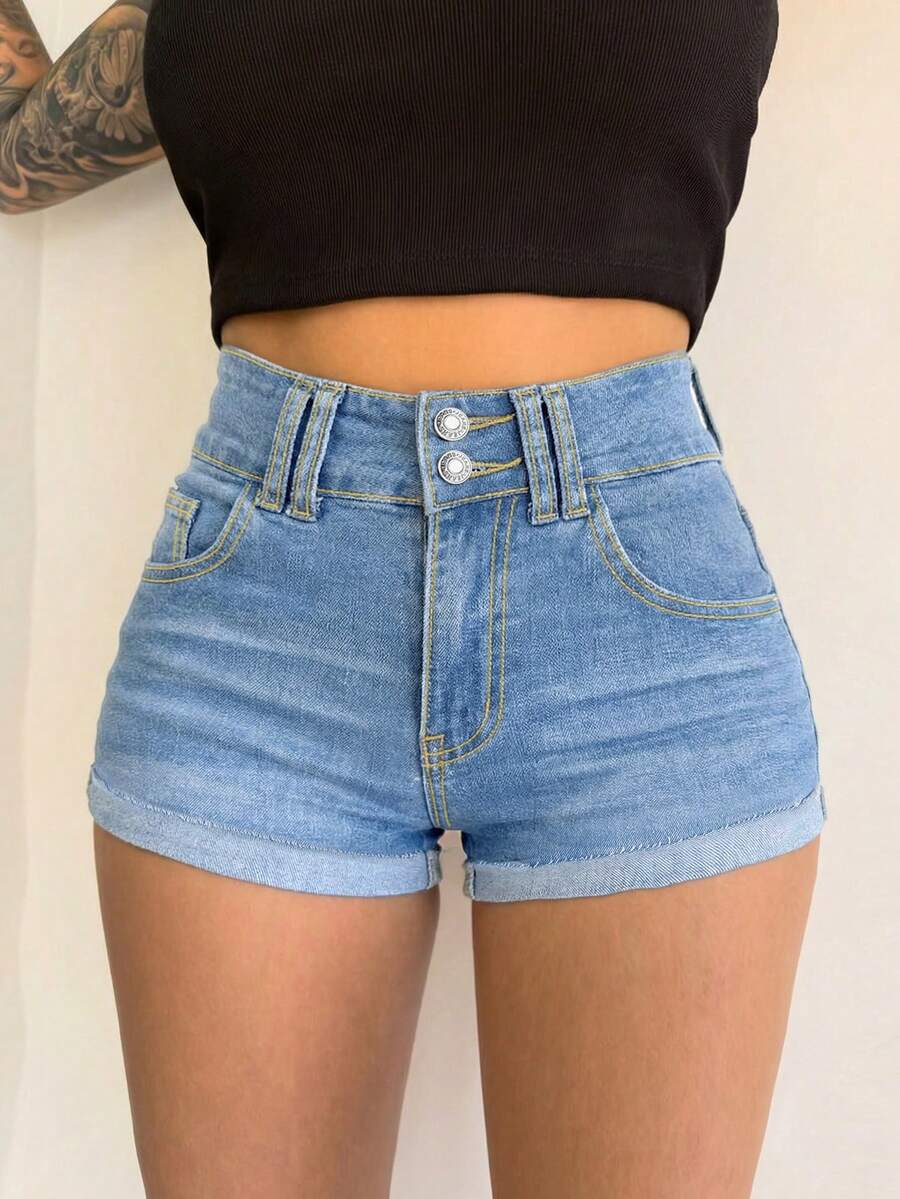 女士水洗黑色牛仔迷你短裤，直筒裤型，前拉链设计，侧边口袋方便实用，休闲风格 - 藍色 - 查看 1