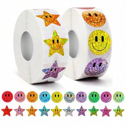 全息星星和笑脸贴纸，圆形贴纸，全息贴纸，适用于教师、家长、学校、学习、培训、贴纸、标签、儿童、派对、生日、激励、装饰、文具