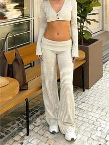 Striped Long Pants For Women Fold Over Low Rise Straight Leg Sweatpants Y2k Stretchy Loose Wide Leg Pants Lounge Leggings - Rice White - View 1