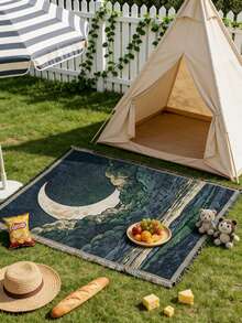 单件装病毒式艺术风格深蓝色星空图案户外野餐垫，花园露营流行耐磨涤纶面料，长方形垂坠流苏和精细锁边，易于打理的野餐毯，适合春季樱花森林野餐/朋友春季艺术聚会/家庭草坪茶话会/户外花园软装装饰 - 彩色 - 查看 5