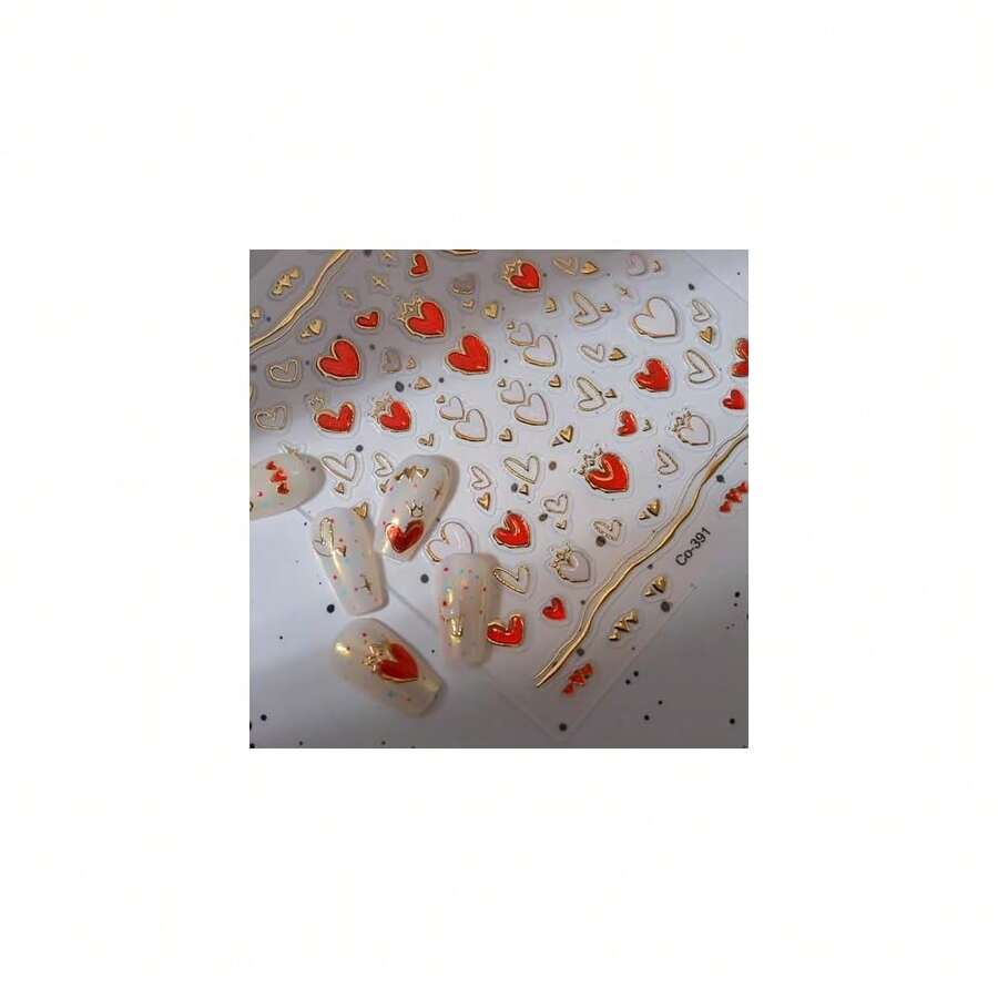 Gold Heart Nail Stickers For Nail Art 5D Embossed Nail Decals Se--Adhesive Nail Art Stickers With Multiple Shapes Gold Red Heart Design Artificial Nail Supplies For Women Manicure Decorations - 風格15 - 查看 1