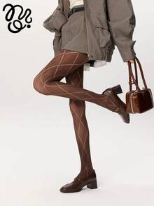 1 đôi tất nữ ấm áp cao đến đầu gối, kiểu dáng thường ngày, màu nâu đa năng, tất cao đến đầu gối dày dặn bằng lưới kim cương JK Nhật Bản, thích hợp cho mùa thu/đông. - màu nâu - Xem 3