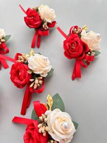 1pc/6pcs Artificial Silk Rose Flower Groom Boutonniere Man Brother Corsage Graduate Pin Suit Wedding Flowers Party Deocration - Red - View 5