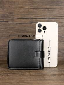 HOVI'S Men Wallet Black Litchi Texture PU Zipper & Snap Button Closure - Multi Card Slots Bill & Coin Pocket New Year Gift Valentine's Day Gift