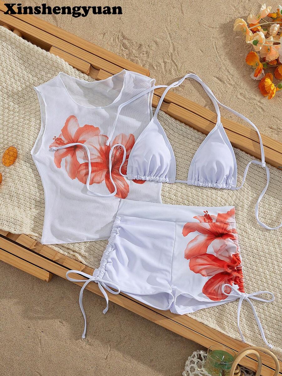 Xinshengyuan 3pcs/Set European And American Fashion,New Year's,Valentine's Day Costumes,White Sexy Elegant Slimming,Flowers Positioning Printed Pattern,Sleeveless Top,Pleated Briefs Pants With Drawstring On The Side,Detachable Swimwear Pad,Casual Outing Seaside Beach Party Luxury Bikini Set.