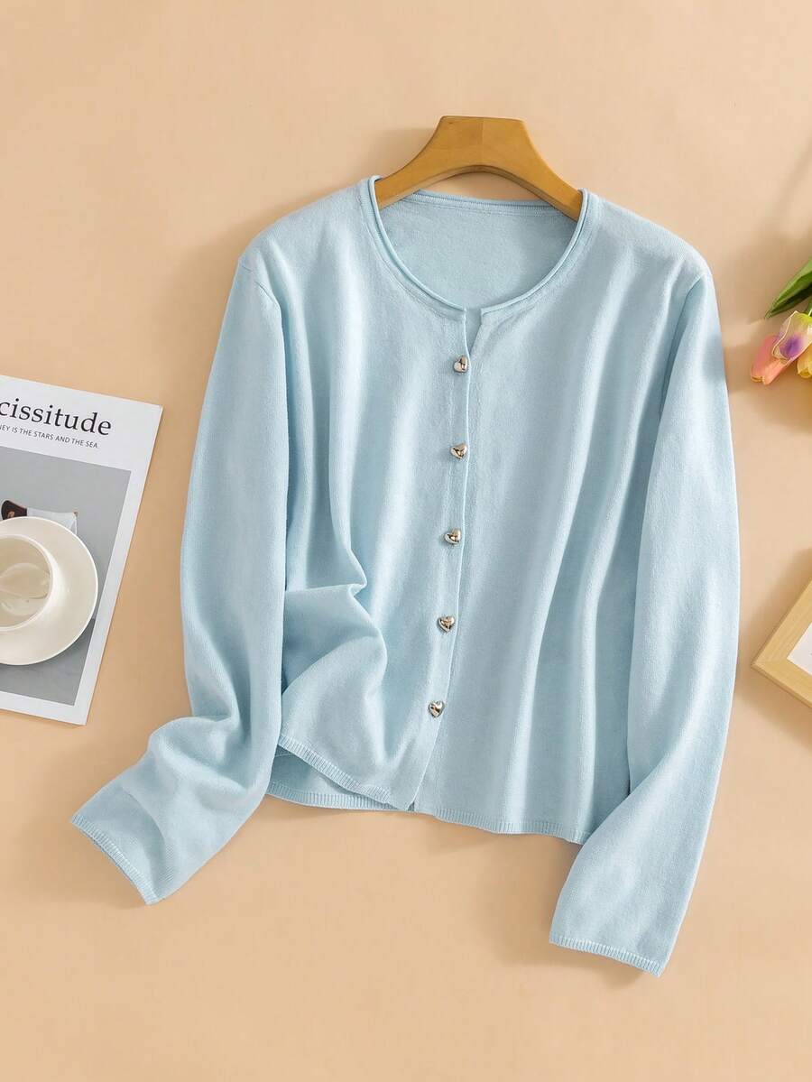 Hon'Do 2026 春夏度假嘉年华套装 - 女士天蓝色V领针织开衫，亮面心形纽扣，沙滩罩衫 - 淺藍色 - 查看 1