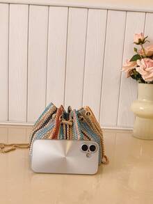 迷你纯色水钻时尚晚宴包，闪亮亮片抽绳水桶包，配金属链条肩带，适合派对和户外活动。 - 藍色 - 查看 4