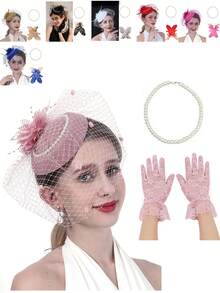 女士头饰面纱和复古迷人网纱帽，搭配蕾丝手套和人造珍珠项链，适合 20 世纪 20 年代或 50 年代的复古茶会、舞会、婚礼、教堂、德比帽套装 - 彩色 - 查看 1