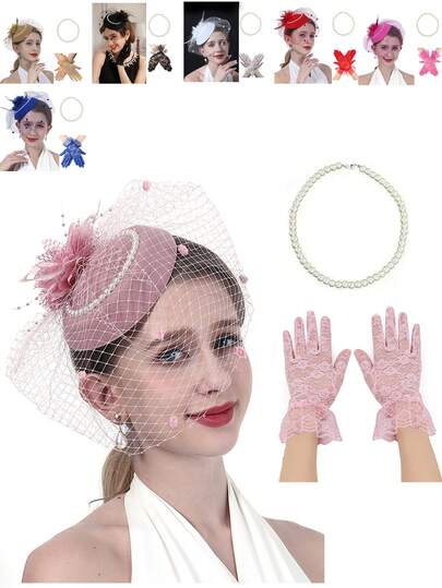 Women's Headpiece Veil And Vintage Charming Mesh Hat, Paired With Lace Gloves And Faux Pearl Necklace, Suitable For 1920s Or 1950s Vintage Tea Party, Ballroom, Wedding, Church, Derby Hat Set