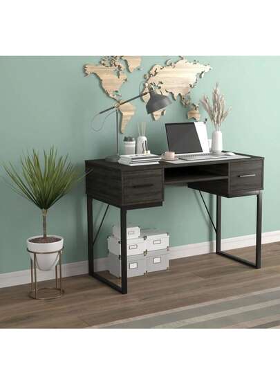 42.5 Inch Computer Writing Desk Dark Grey With 2 Drawers And 1 Shelf Black Metal Frame, Home Office Desk For Small Spaces, Study Gaming Work From Home Desk, Modern Writing Table With Storage