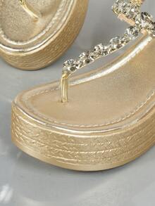 女士时尚金色手工串珠花朵水钻脚链厚底凉鞋 - 夏季露趾休闲厚跟凉鞋 - 金色 - 查看 5