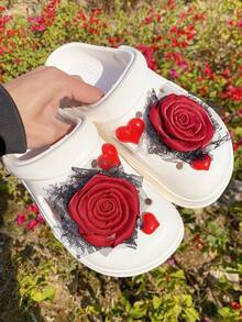 6pcs Valentine's Day Rose & Heart Hollow Shoe Decorations DIY Accessories - Fun, Versatile Personalized Shoe Embellishments, Perfect Gifts For Holidays, Parties And Special Occasions - Red - View 6