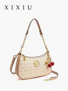 Bolso de hombro, bolso cuadrado y bolso bandolera de moda clásica y versátil del 2025, de material de PU impermeable de unicolor con diseño de rombos, logotipo metálico de animal retro elegante y decoración con estampado de letras, adecuado para compras, bolso de mujer con estampado animal - Beis - Ver 8