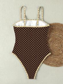 2026春夏新款女士法式棕黄波点蕾丝边无肩带性感收腰连体泳衣，度假沙滩装 - 彩色 - 查看 4