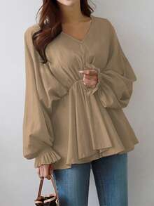 Women's Casual Asymmetrical V-Neck Loose Pleated Waist Shirt, Relaxed Lantern Sleeve Long Sleeve Blouse, Spring/Summer - Light Khaki - View 1