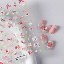 5D Embossed Nail Art Stickers Se--Adhesive Nail Decals Pink Strawberry Cake Nail Stickers For Nail Art With Cute Bow Heart Design Acrylic Nails Supplies For Women Manicure Decorations - style13 - 查看 2