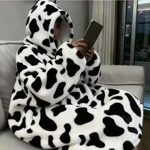 Loose Hooded Long Plush Bathrobe Set - Black Grey Pink Cow Print Color Choices, Pocketed Elastic Soft Polyester Fabric, Thick Warm Fluffy Loungewear With Cozy Hood, Comfortable Sleep Robe For Women Suitable For Autumn Winter Home Leisure & Nighttime Wear - 灰色 - 查看 5