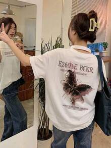 女士休闲圆领宽松蝴蝶字母印花短袖T恤，春夏款 - 白色 - 查看 3