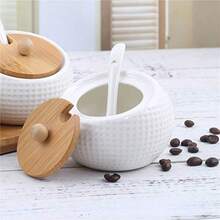 CYPNTarro de especias de porcelana con tapas soporte de tapa de bambú cuchara de cerámica para servir bandeja de madera la mejor olla de cerámica para tu hogar cocina mostrador. Blanco 170 mlFashion - 227629542 - Ver 3