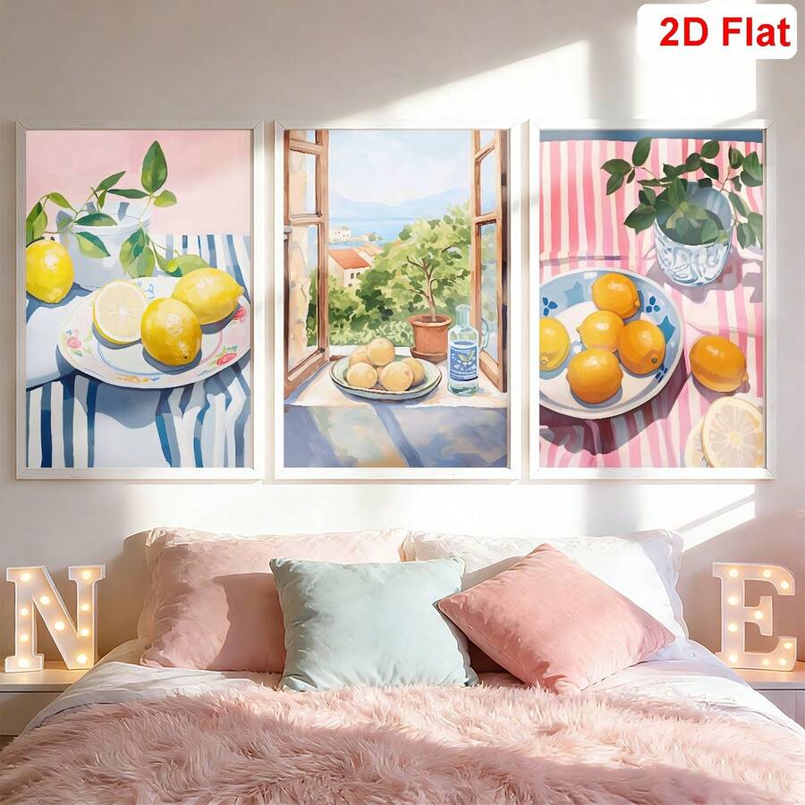 柠檬橙子柑橘三联画海报 - 色彩缤纷的静物水果墙画 - 意大利美食艺术 - 柠檬厨房装饰 - 地中海风格装饰，带框，防水墙面装饰，适用于客厅、卧室、办公室等场所 - 彩色 - 查看 1