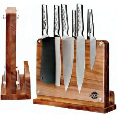 Soporte para Cuchillos Cocina, Porta Cuchillos Magnético de Doble Cara, Soporte Cuchillos Magnético Con Escudo AcríLico, Porta Cuchillos de Madera de Acacia(sin cuchillos),40075548