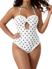 Women's Halter Neck Monokini Swimsuits Fashionable Dot Print Sleeveless Ruffle Bathing Suit - 白色 - 查看 8